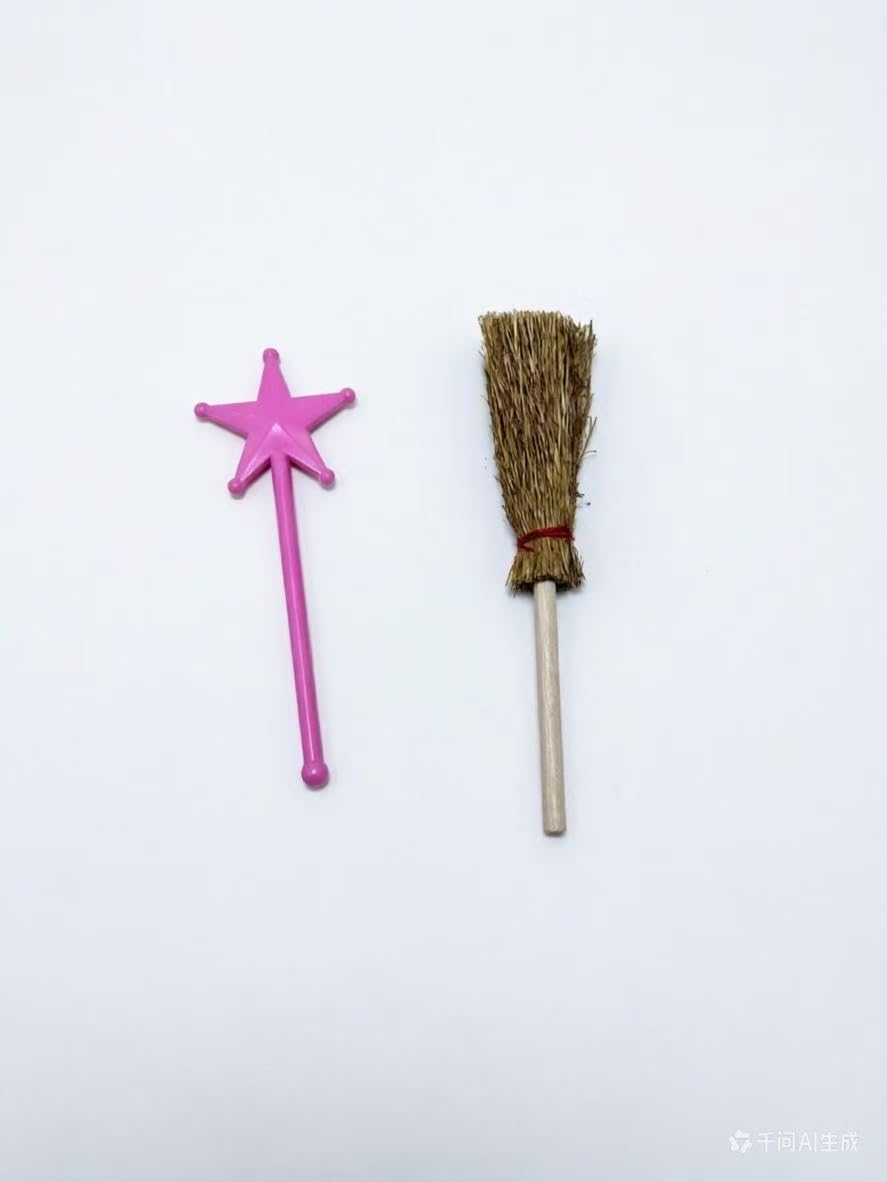 24 pack Witch Broom and Star Wands Cake Topper, Mini Witch Broom and Pink Star Wands Cupcake Toppers for Witches Theme Party Halloween Birthday Decoration