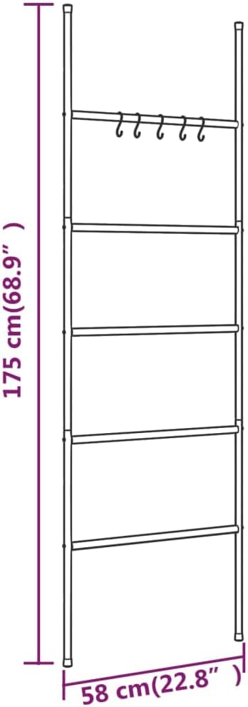 Iron 5 Tier Towel Rack Ladder, Black Free Standing Towel Holder with 5 Hooks, Sturdy Wall Leaning Storage Rack for Bathroom Living Room Bedroom Hallway, 22.8x68.9 Inches
