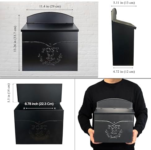 NACH Chelsea Wall Mount Mailbox for Outside, 11.5 x 5 x 13 inches, Black Mailboxes for Outside, Water Resistant Mailbox for Outside