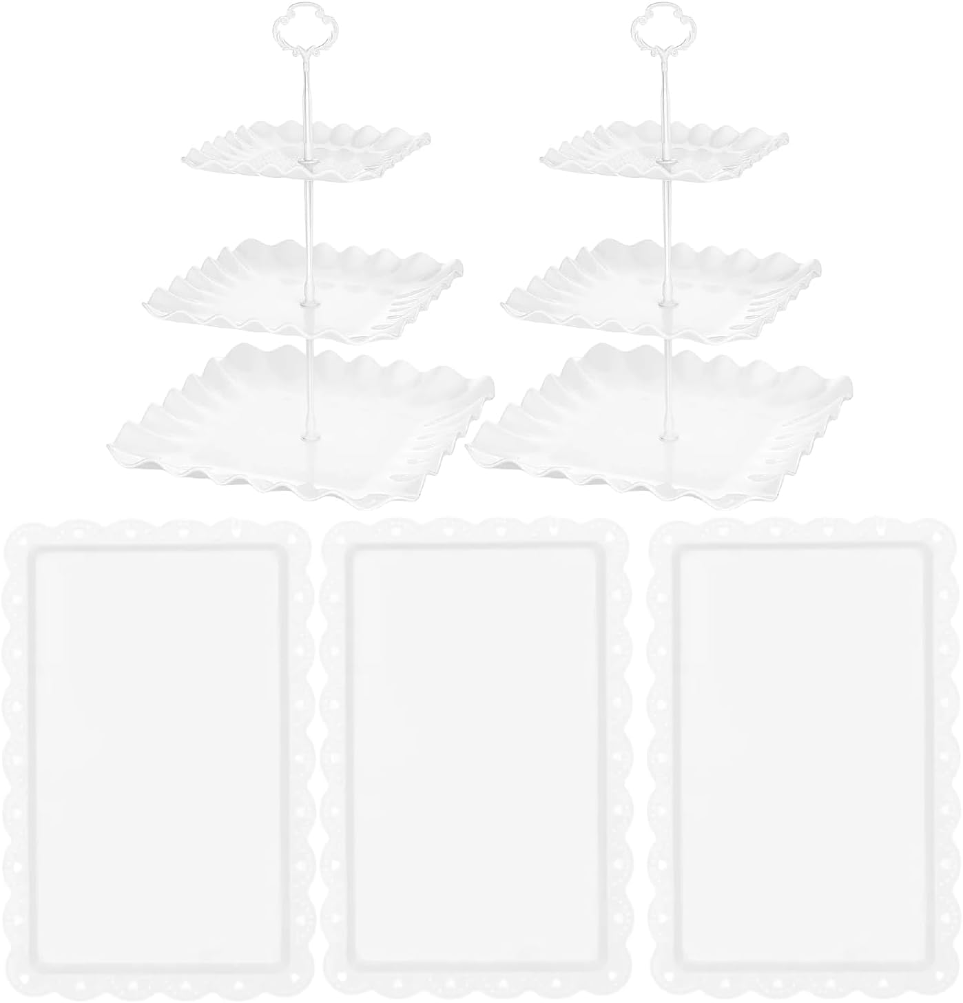 URLINE 5 Pcs Dessert Table Display Set -Plastic Dessert Table Display Set,2 x Large 3-Tier Cupcake Stands/Cup Cake Tier Tower & 3 X Serving Tray Combo for Tea Party, Birthday, Baby