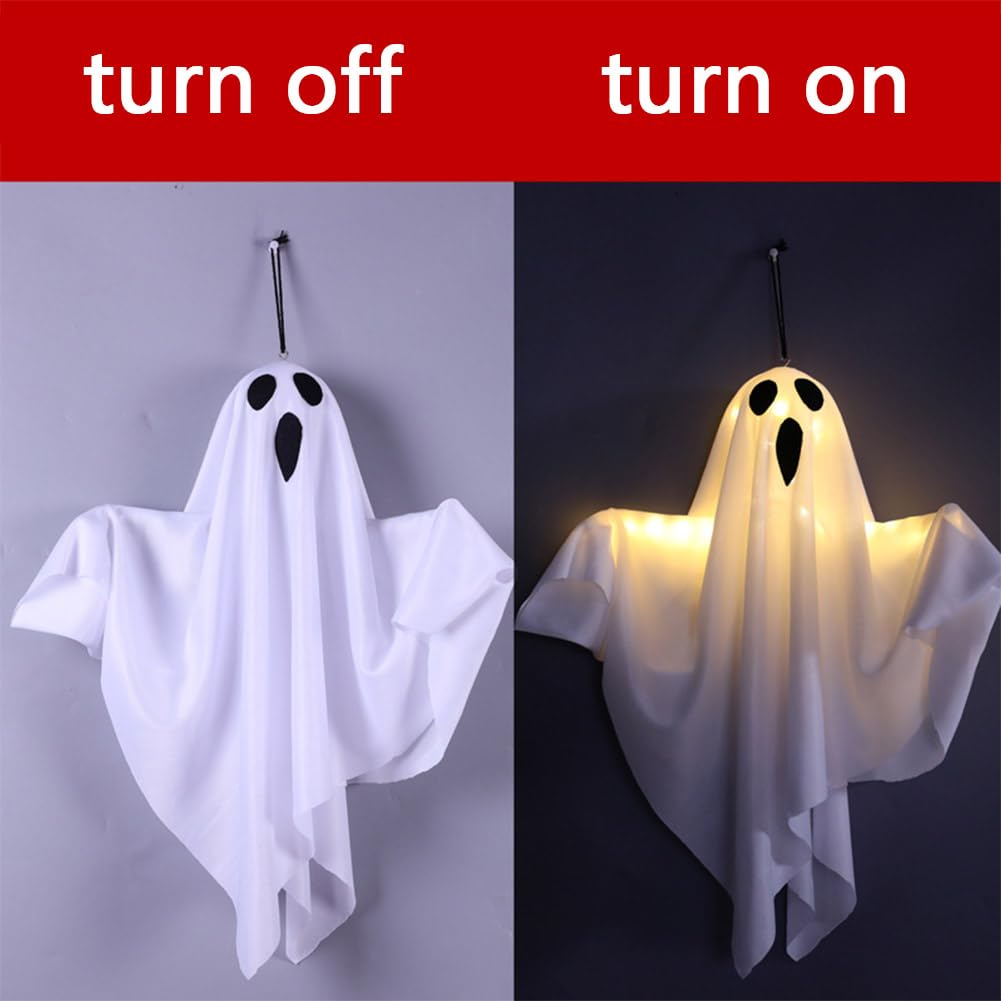 4Packs Halloween Ghost Decorations Halloween Hanging Ghosts with Light Strings String Lights Battery Operated Halloween Decor Spooky Ghost Ornaments for Home Tree Garden Yard (White)