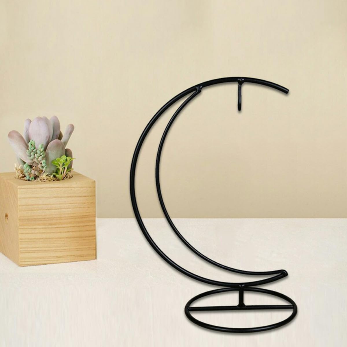 TOBBOMEY Iron Half Moon Plant Stand and Ornament Display Holder, Hanging Terrarium Stand for Home Office Décor, Decorative Pendulum Rack for Glass Pots and Holiday Ornaments