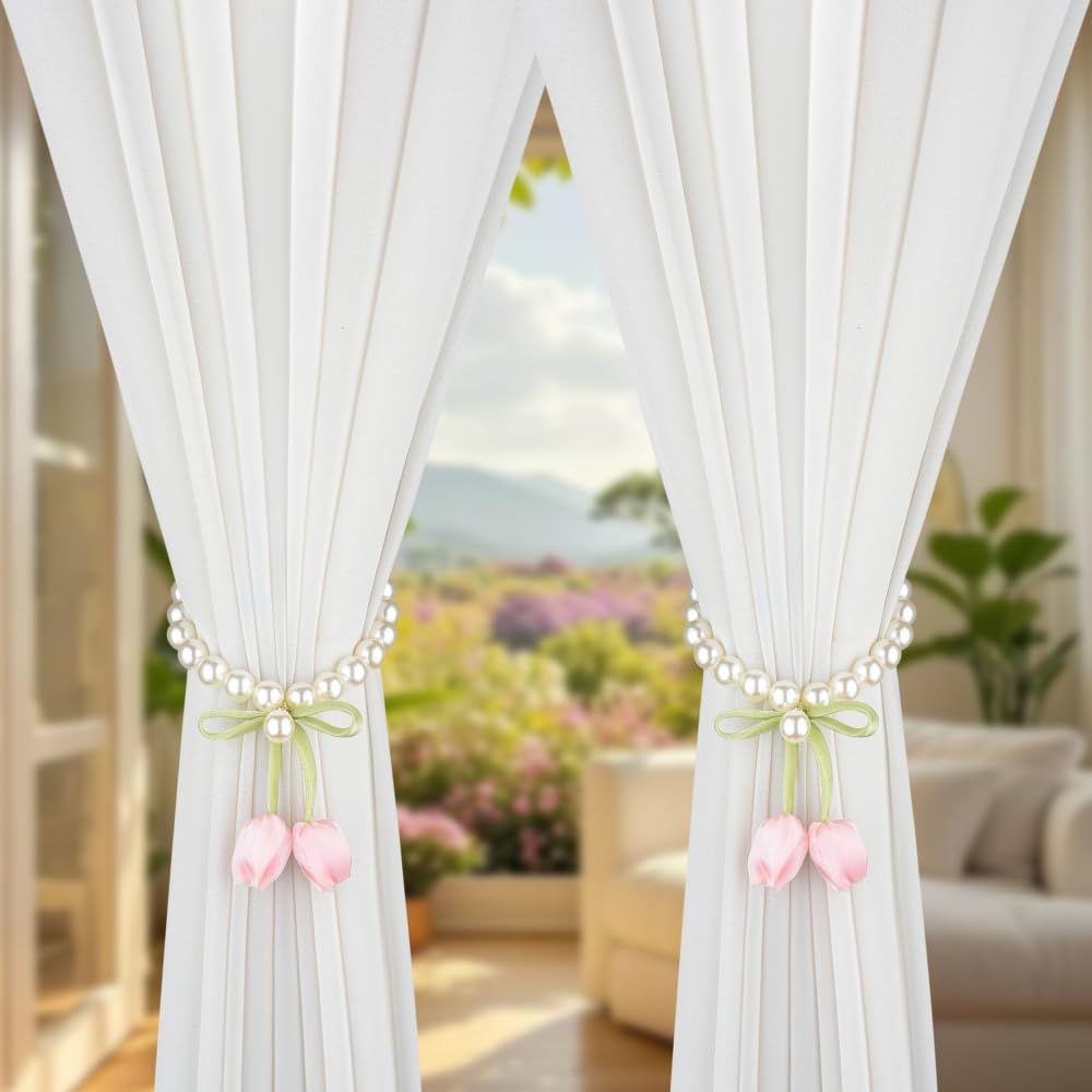 SUQ I OME 1 Pair of Handmade Tulip Flower Curtain Magnetic Tiebacks,Curtain Ties,Curtain Holdbacks for Home Office Decoration,Pink