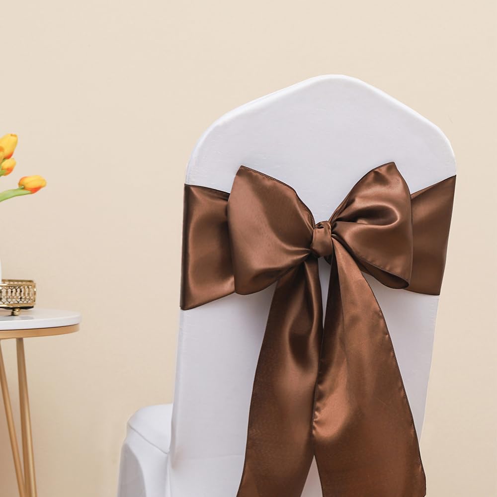 JFDYDM 50 Pack Satin Brown Chair Sashes Bows for Thanksgiving Halloween Autumn Wedding Birthday Party Deocrations, Brown Sashes for Chair Covers Folding Chairs Chiavari Chairs Decorations