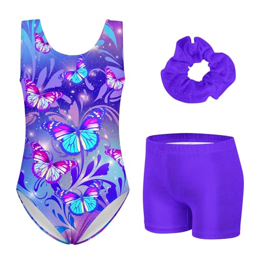TUONROAD Girls Leotards for Gymnastics & Dance Glitter Matching with Athletic Shorts Teens Girl's Purple Butter-flys Unitard Biketard Clothes Martial Arts Equipments, Size 10 11