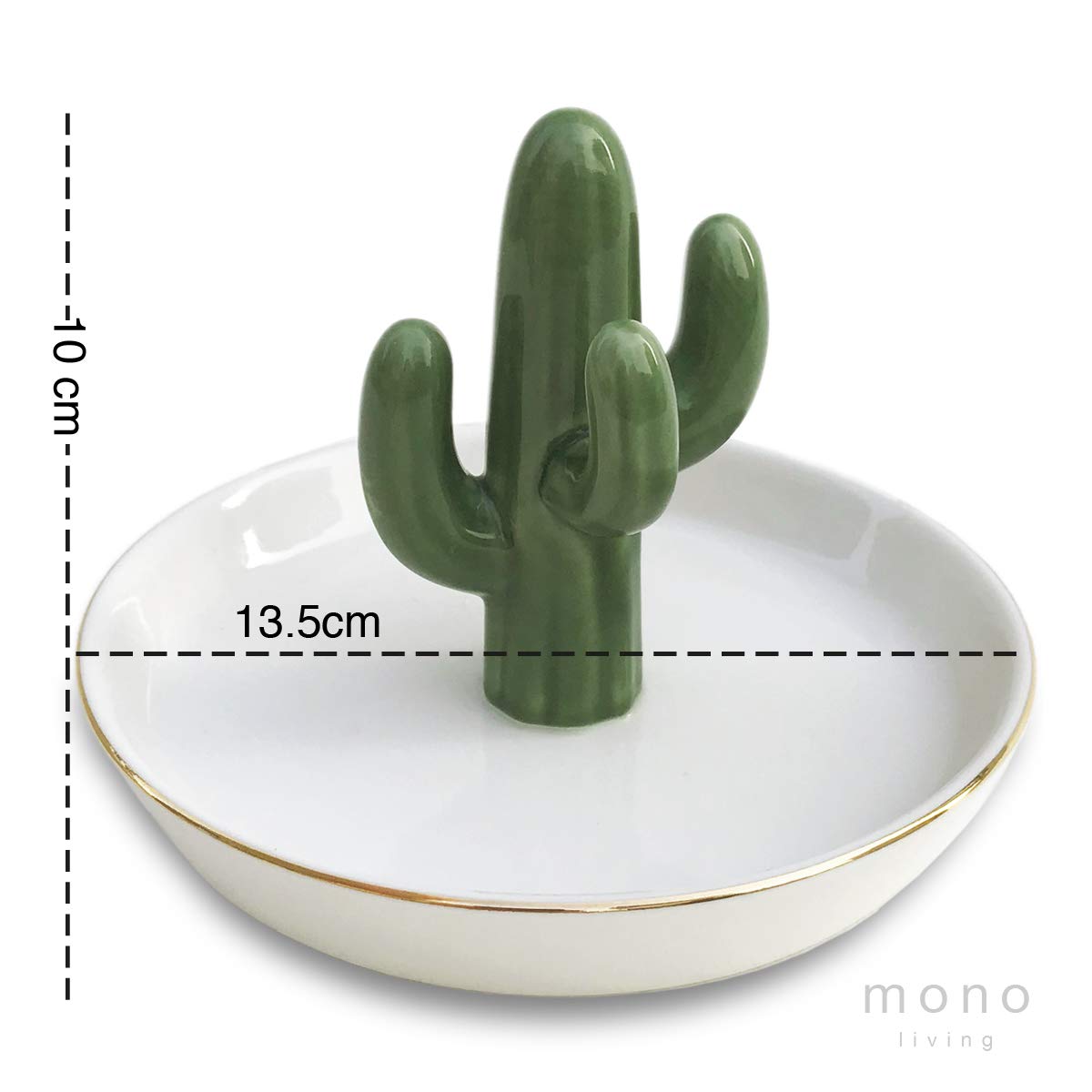 mono living Cactus Jewelry Holder and Ring Dish - Ceramic Succulent Decor for Kitchen Sink or Vanity - Cute Engagement, Birthday, or Mother’s Day Gifts for Women, Gold-Rimmed Trinket Tray