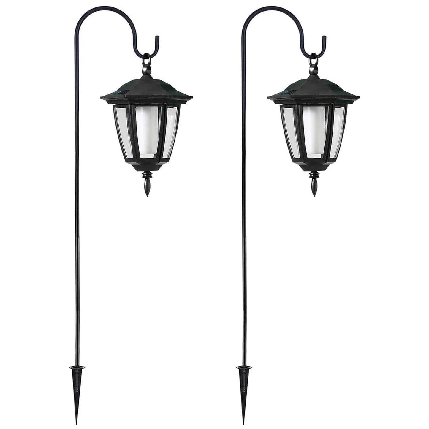 Dynaming 2 Pack Solar Halloween Flame Hanging Lights Outdoor, Flickering Flame LED Garden Lanterns with 2x38 Inch Shepherd Hooks, Landscape Lighting Waterproof for Lawn Yard Pathway Driveway, Purple