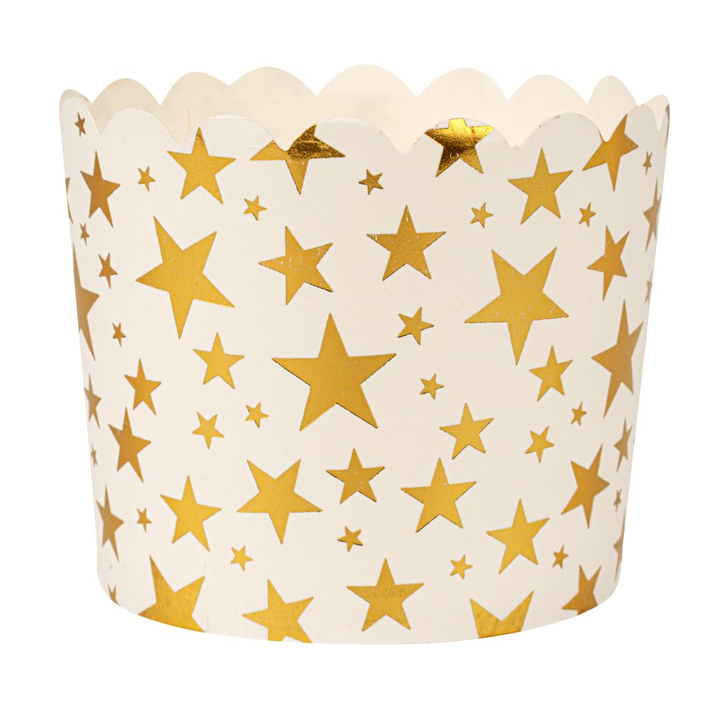 Restaurantware Panificio 4.5 Ounce Baking Cups 50 Disposable Paper Baking Cups - Greaseproof Oven-Ready White Paper Muffin Liners Microwavable Gold Star Print