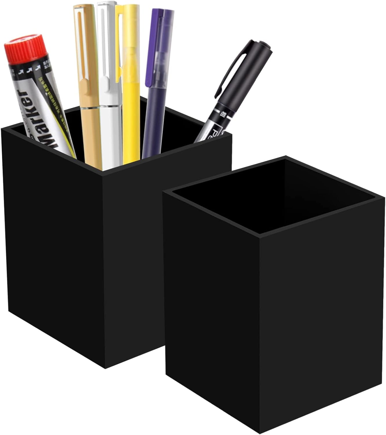 2 Pack Acrylic Pen Pencil Holder, Black Makeup Brush Holder Cup Storage Office Desktop Desk Table Stationery Organizer