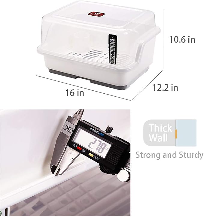 Tomorotec Medium Size Dish Drying Rack and Drain Board with Lid Cover, 16" x 12.2" x 10.6" Nursing Bottle Holder, Kitchen Plate Cup Tray Cutlery Drainer
