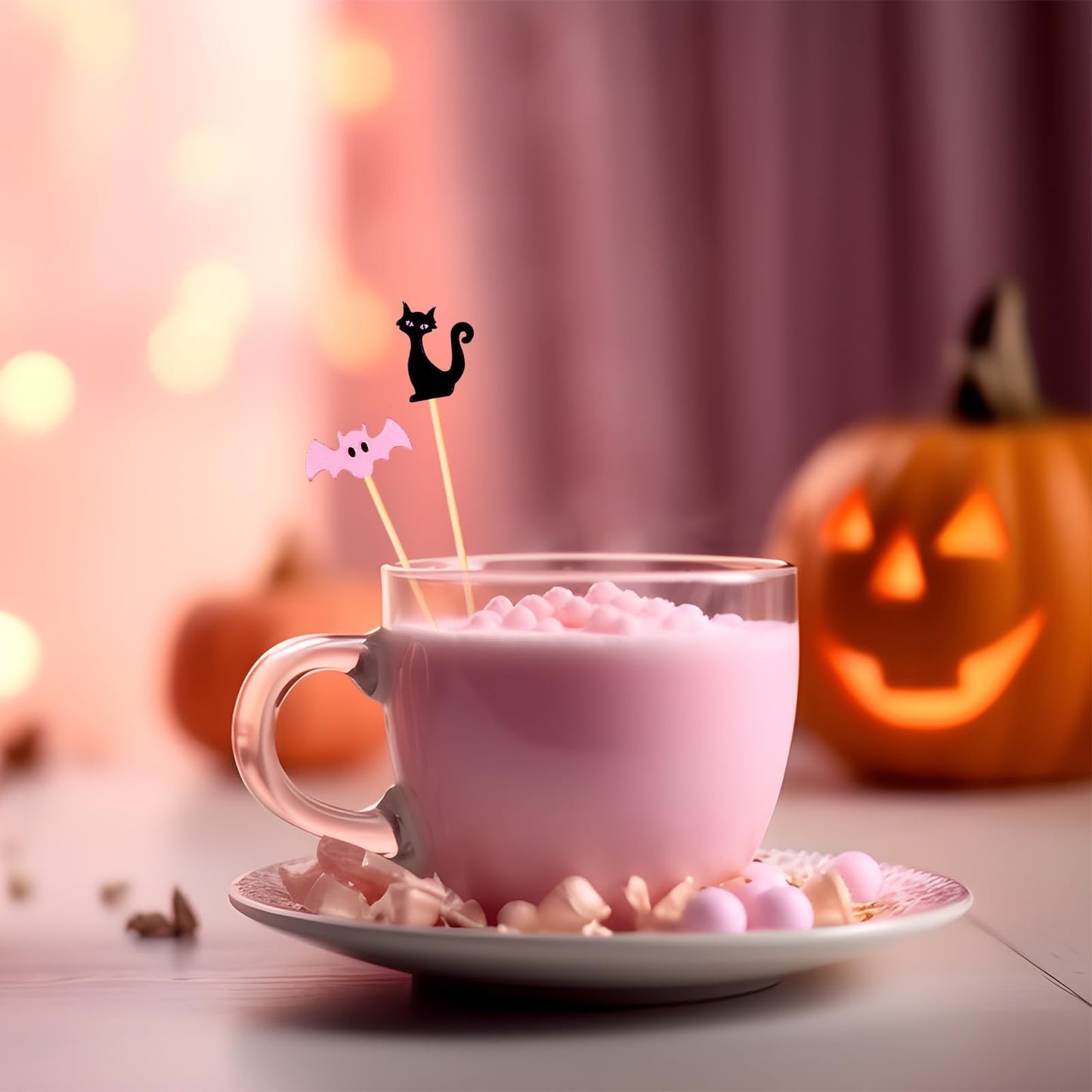 Whaline 120 Pcs Pink Black Halloween Cocktail Picks Cute Ghost Pumpkin Bamboo Toothpicks Garnish Sticks for Appetizers Fruit Sandwiches Drinks Skewers, 6 Designs