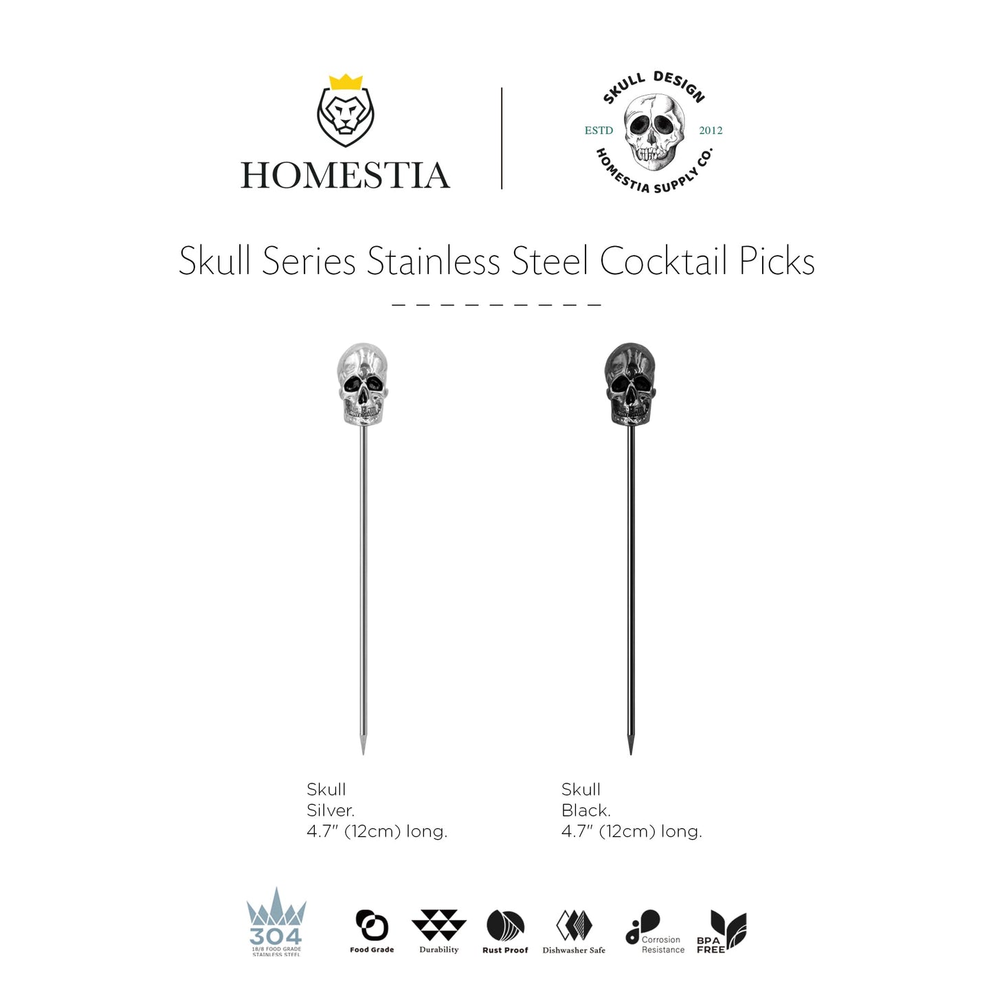 Homestia 6PCS Stainless Steel Skull Cocktail Picks 4.7", Gothic Martini Skewers Set, Reusable Silver Skull Drink Picks for Cocktails Olives Appetizers Halloween Party Holiday Supplies