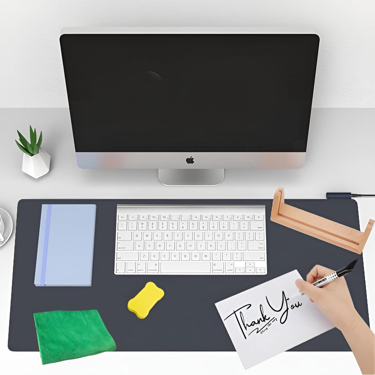 Desktop Glass Whiteboard with Wood Base, 8.46" x5.12" Small Desk Dry Erase Board Mini Whiteboard for Office Home, Accessories Included