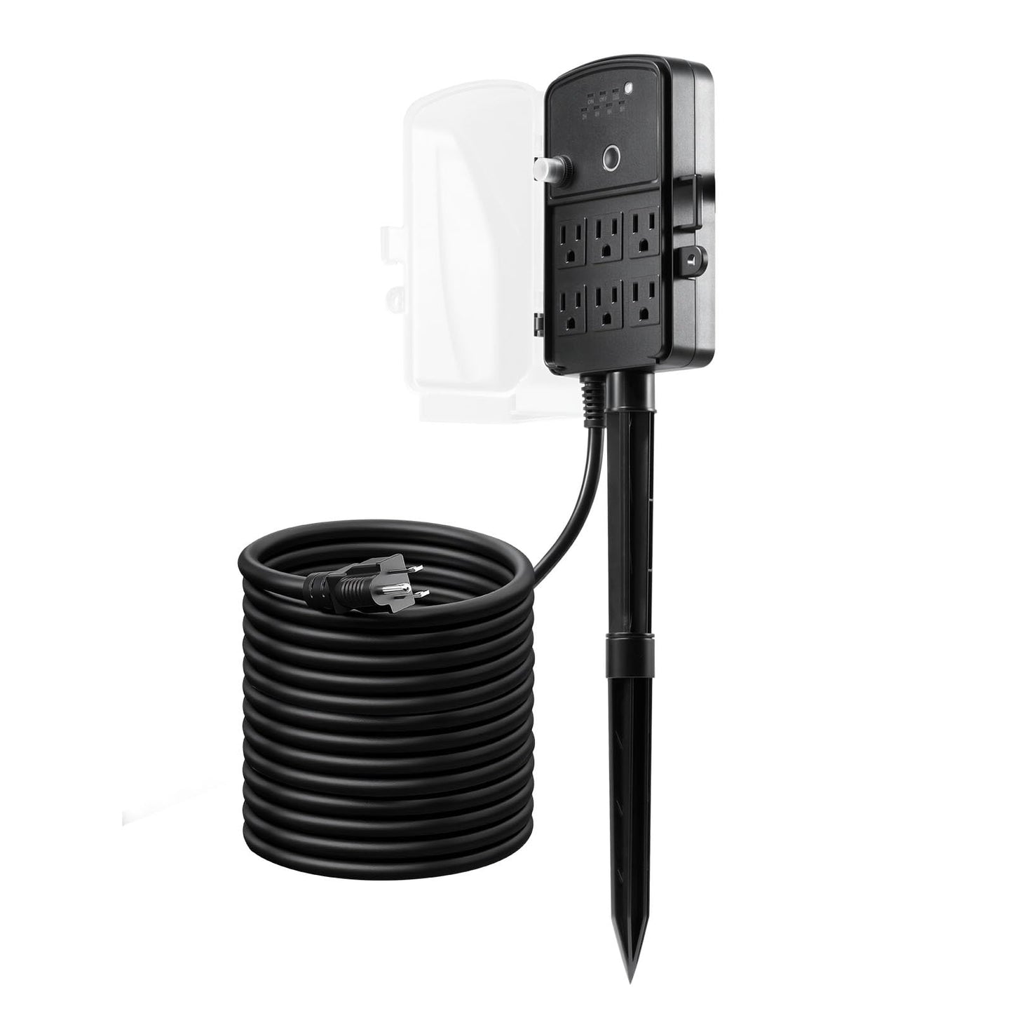 VEVOR Outdoor Power Stake Timer, 25FT Extension Cord, Remote Control Outdoor Power Strip with Cover, Dusk to Dawn Light Timer Waterproof, 6 Outlets for Halloween Christmas Lights, Garden Decorations
