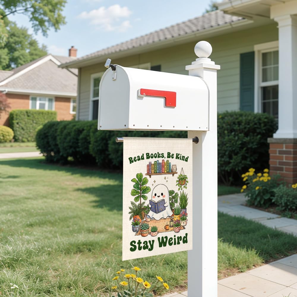 JQYCJTR Read Books Be Kind Stay Weird Garden Flag Double Sided Yard Outdoor Decoration 12x18 Inch, Reading Cute Ghost Outdoor Yard Garden Flag, Plant Lover Home Decor Banner, Gifts for Book Lovers