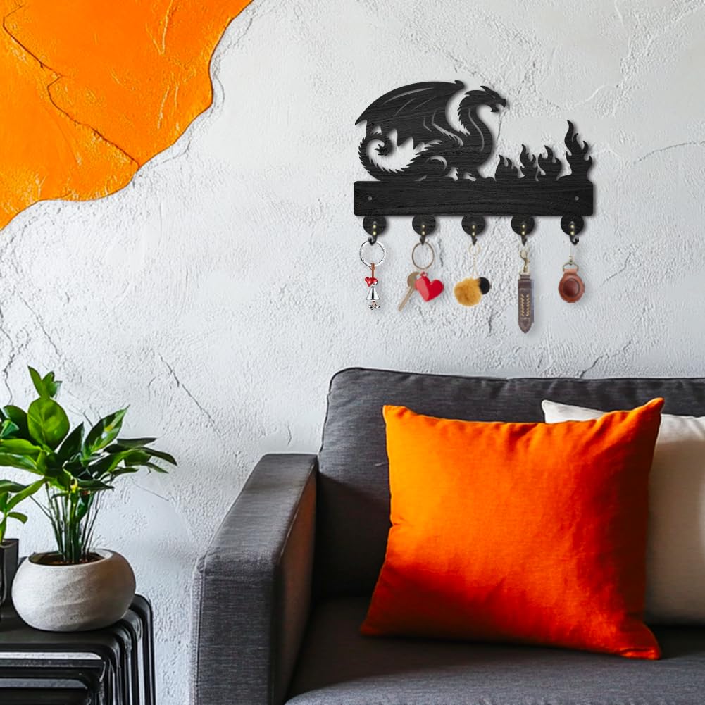 INFUNLY Dragon Black Wooden Key Holder for Halloween 7.9"×11.8" Flame Key Holder Wall Mount Dragon Key Holder Rack with 5 Hooks Key Organizer Rack Hanger for Home Entryway Living Room Bags Umbrella