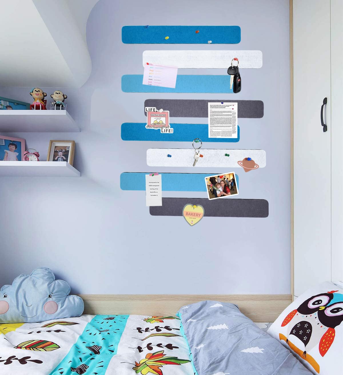 Vuzvuv 8 pcs Bulletin Board Bar Strips with 50 Pushpins & 10 Wooden Clip pins,Self Adhesive Cork Board for Wall,Felt Pin Board for School,Office Decor(Blue White Grey)