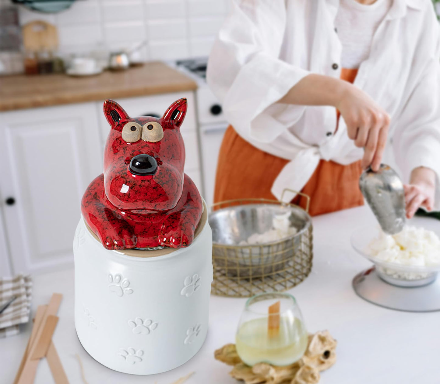 GABROC Dog Cookie Jar with Airtight Sealing Lid Matte White Ceramic Candy Jar with Lid– Cute Cartoon Dog Shape, Red‑Black Glaze Artistry