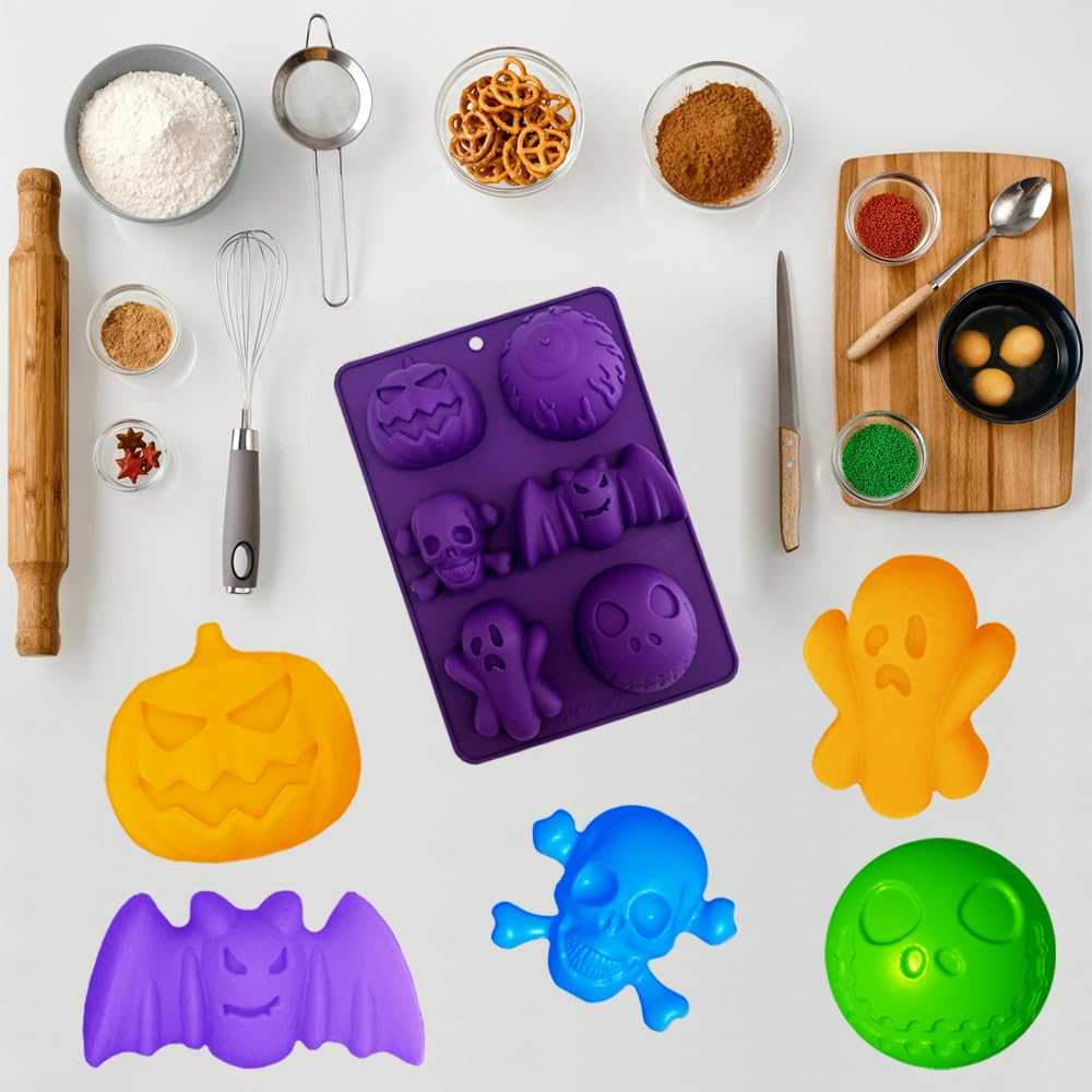 2 Pack Halloween Silicone Molds 6 Cavity Halloween Themed Molds Baking Mould Tray DIY Baking Tool for Aromatherapy Candles Chocolate Pudding Dessert Jelly Soap Cupcake Topper for Halloween Party Treat