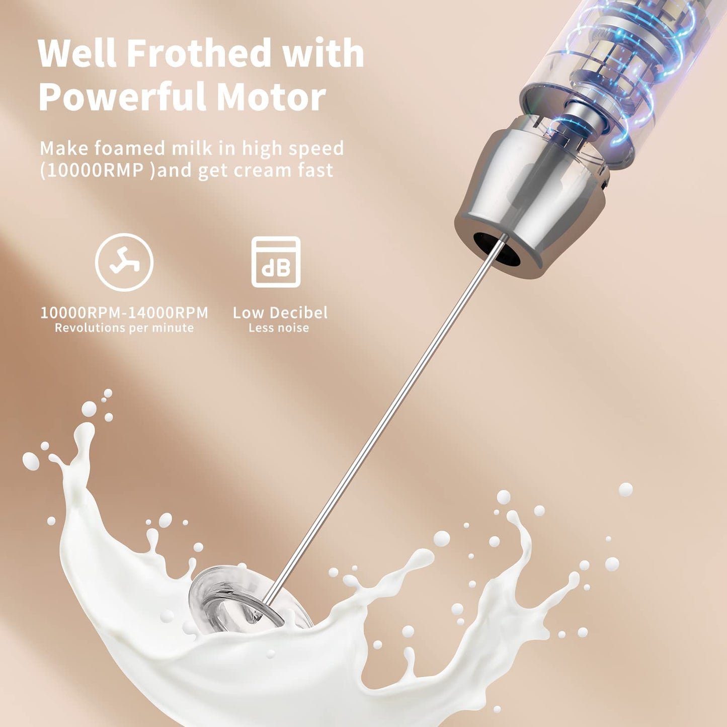 Maestri House Rechargeable Milk Frother, LunaFro NS 2-Speed Handheld Electric Foam Maker Waterproof Detachable Stainless Steel Whisk Drink Mixer Foamer for Lattes, Cappuccino, No Stand
