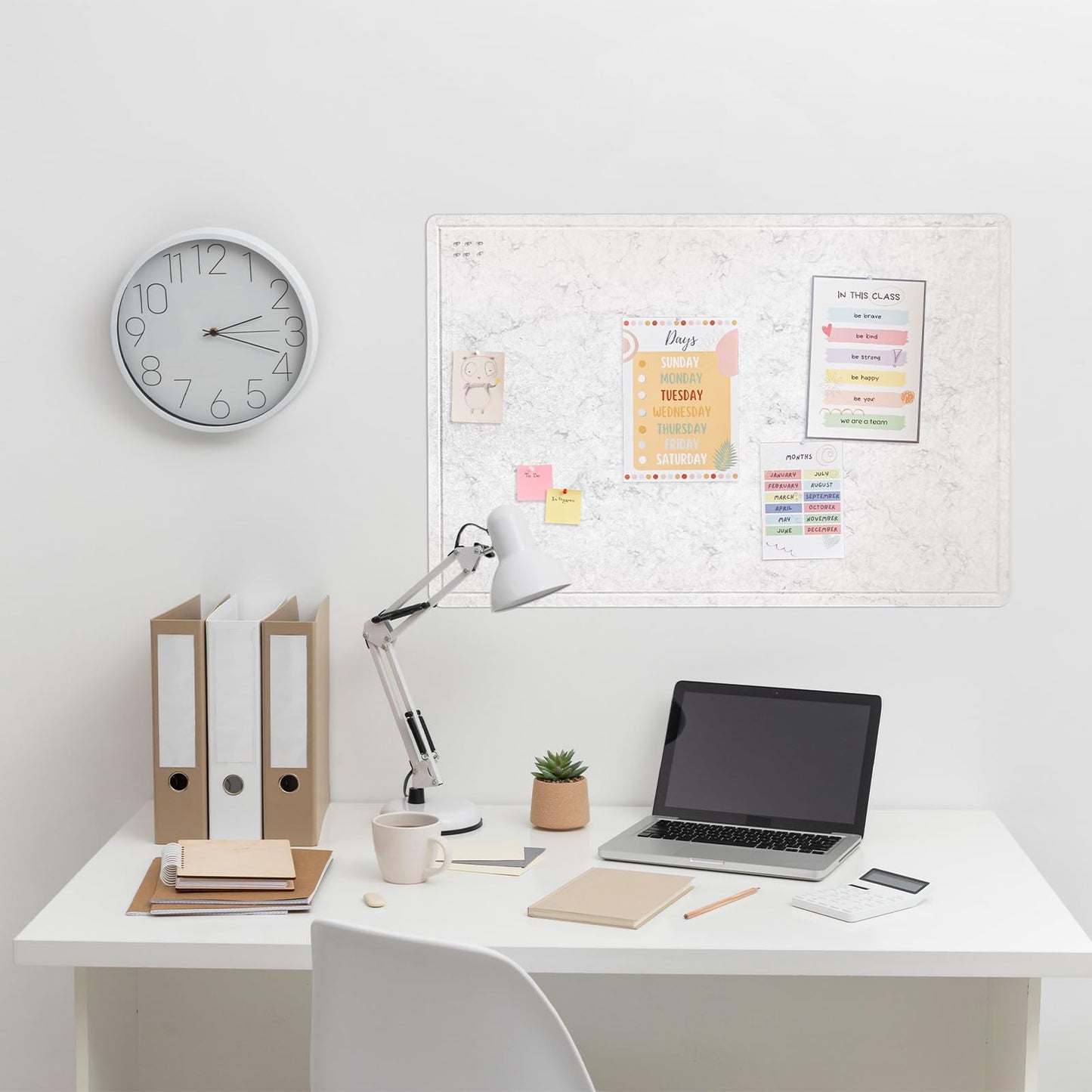 Lightomorrow Bulletin Board, 36 x 24 inches Felt Board - Decorative Pin Board, Cork Board Alternative for Wall, 3' x 2' Foldable Self-Adhesive Vision Board with 20 Pushpins - Marble White