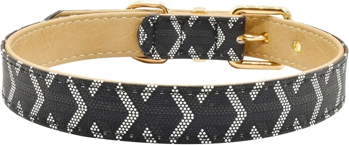 Leather Dog Collar and Leash Set, Check Pattern Dog Collar Leashes Metal Buckle Adjustable Durable for Small Medium Large Dogs (Black, L(14.5-18.5IN))