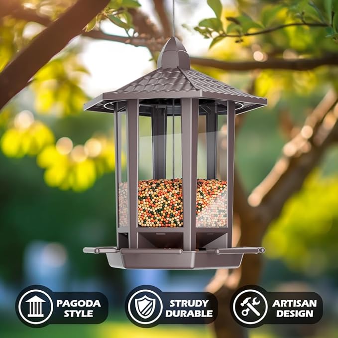 Birdream Hanging Bird Feeders for Outdoor, Fun Installation Pagoda Design Wild Birdfeeder, Attracting Wild Birds Sparrows Finch Cardinal Goldfinch Chickadee - Brown