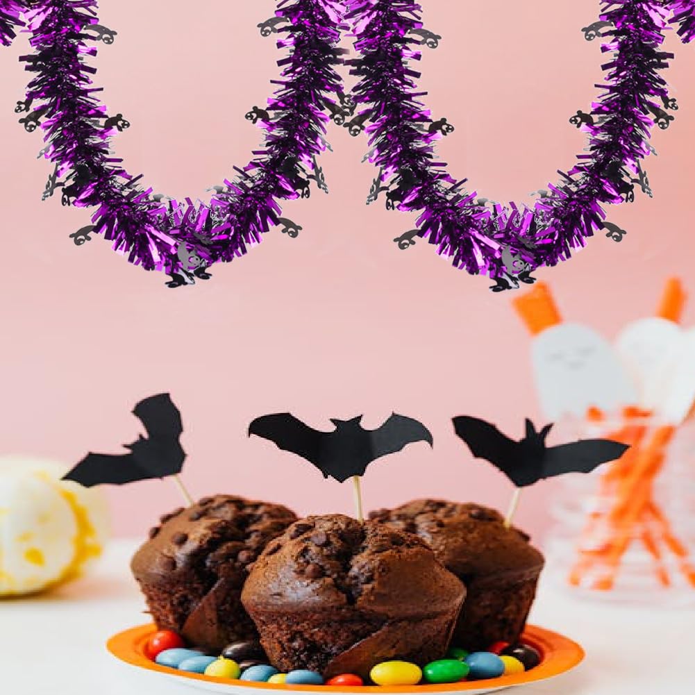 66 Ft Halloween Purple Tinsel Garland with Black Small Ghost Glitter Fluffy Tassel Twist Garland Hanging Decoration for Halloween Home Tree Ornaments Holiday Indoor Outdoor Party Decorations