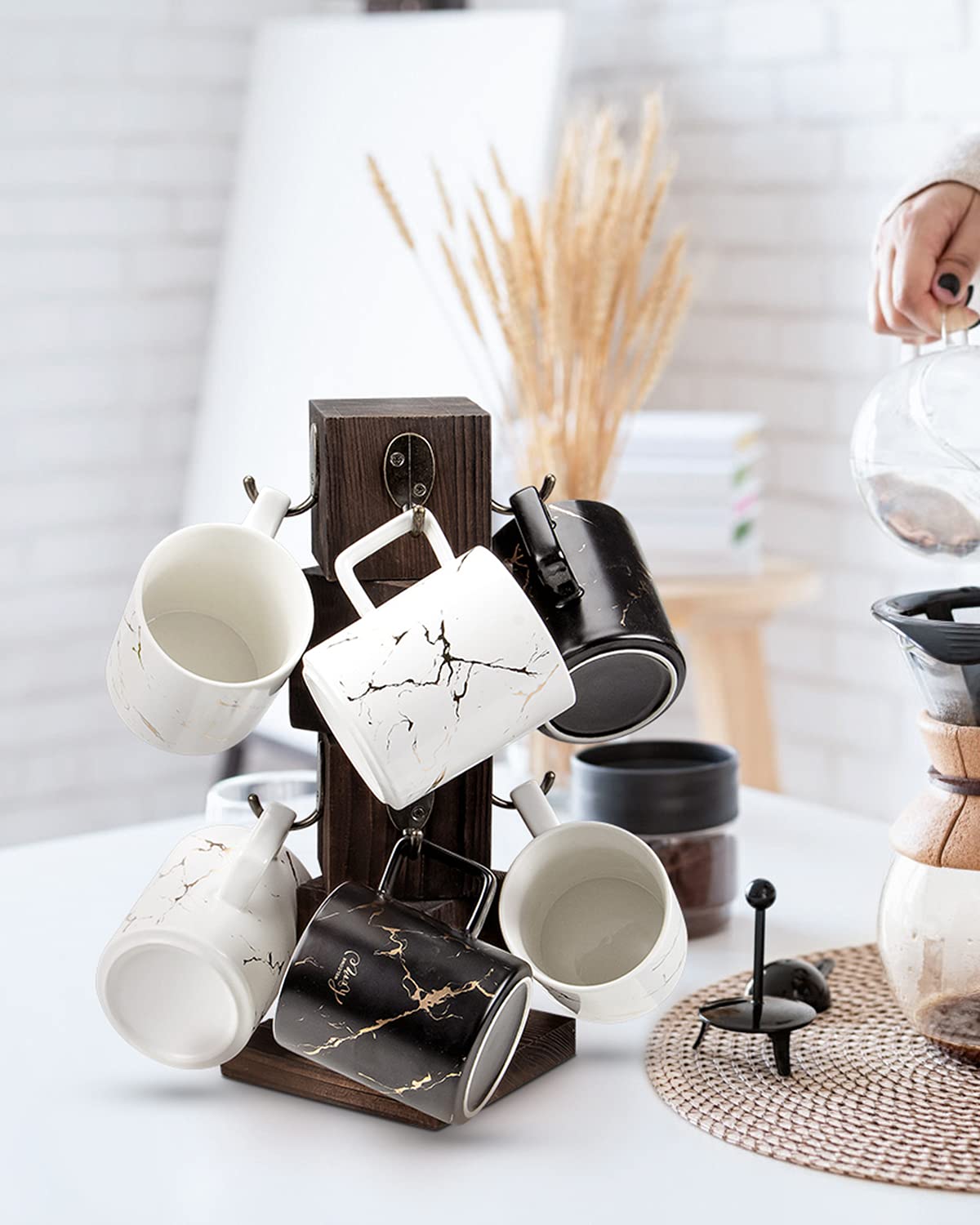 PUERSI Coffee Mug Holder for Counter, Rustic Solid Wood Mug Tree, Farmhouse Wooden Coffee Cup Rack with 8 Hooks (Rustic Brown)