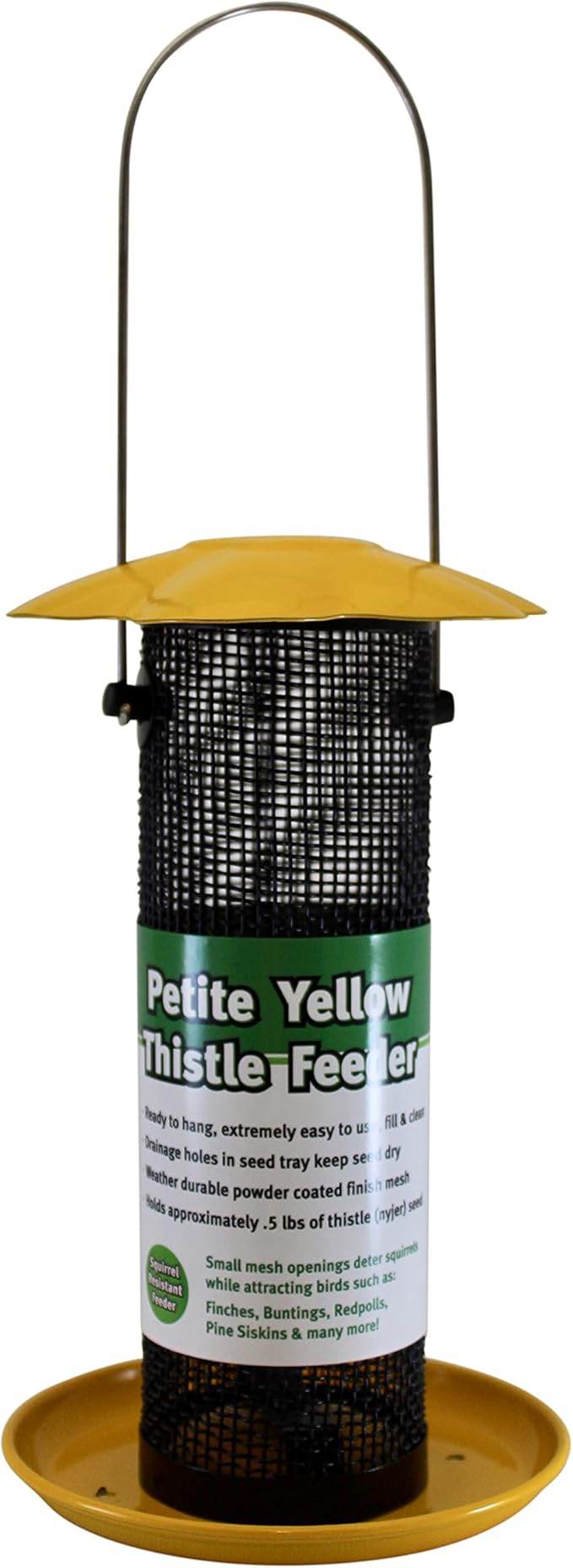 Songbird Essentials Gold Finch Feeder for Outdoor Hanging - Petite Nyjer Thistle Seed Feeder - All Metal - for Finches and Buntings for Outdoor Garden - Bright Yellow