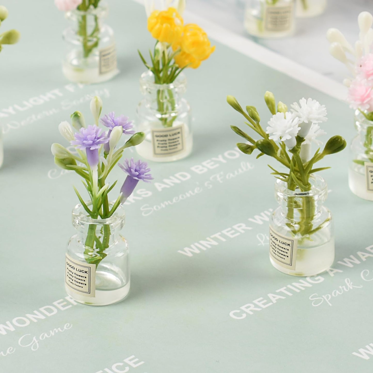 Hanycon 20PCS Cute Flower Bouquet in Glass Vase Miniature Flowers with Luminous Vase Mini Artificial Plants for Fairy Garden DIY Garden Plant Pot