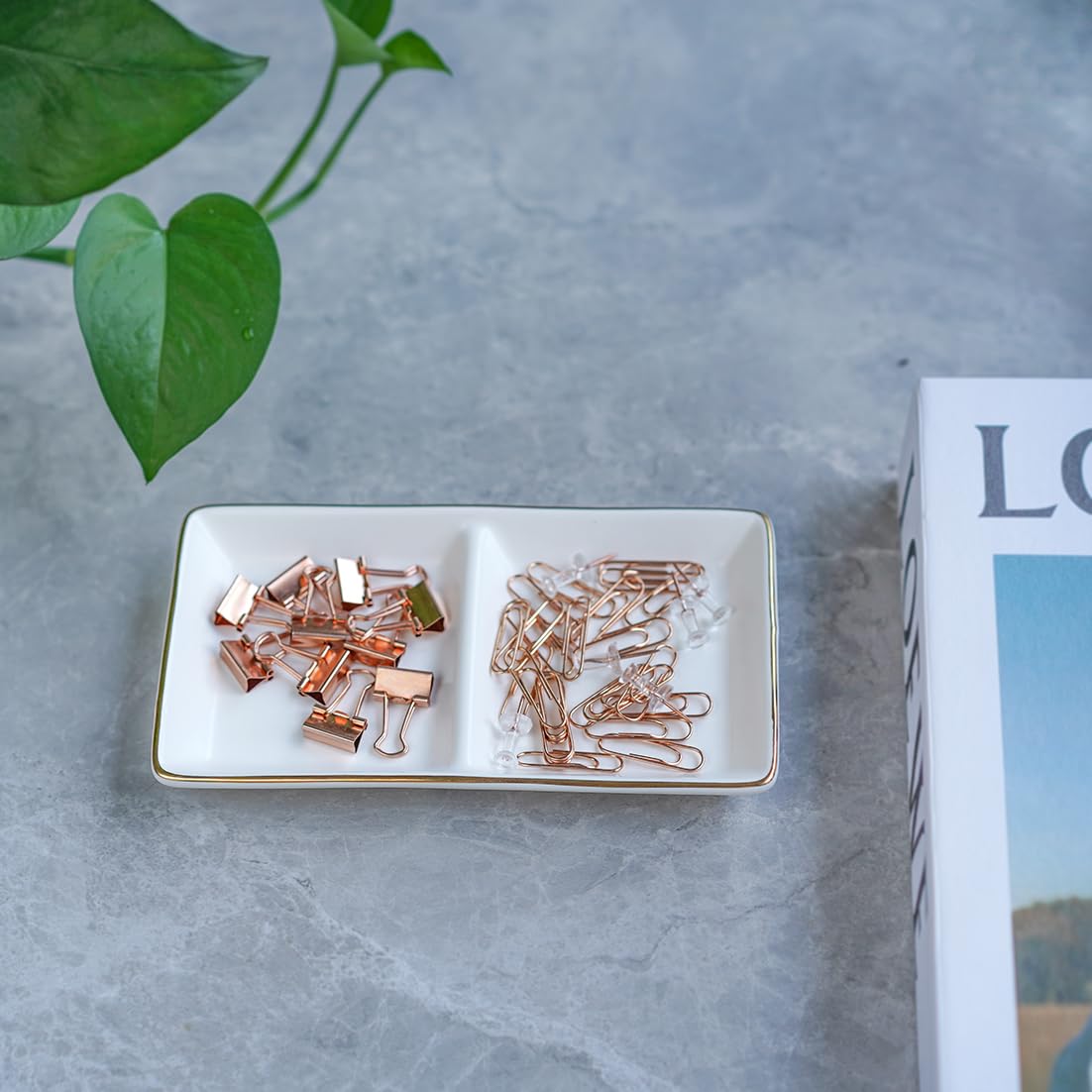 HANKOR Ceramic Jewelry Dish Tray, 2 Compartment Ring Dish, Decorative Trinket Tray for Rings, Earrings, Keys, Birthday Christmas Gifts, White