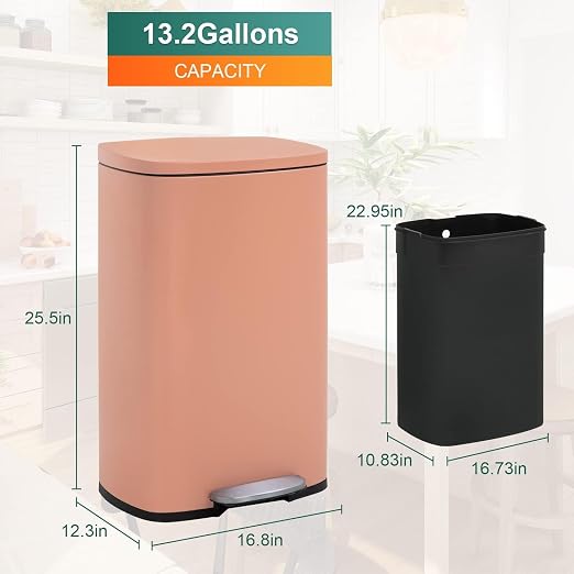 BestMassage 13 Gallon (50L) Stainless Steel Trash Can with Lid, Removable Inner Bucket, Foot Pedal, Soft Close for Home, Kitchen, Office