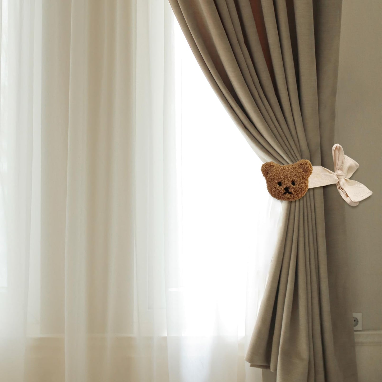 Whaline 4Pcs Bear Curtain Ties Cute Cartoon Bear Curtain Tieback Decorative Embroidered Animal Shape Rope Holdbacks for Home Office Bedroom Living Room Window Treatment Decor
