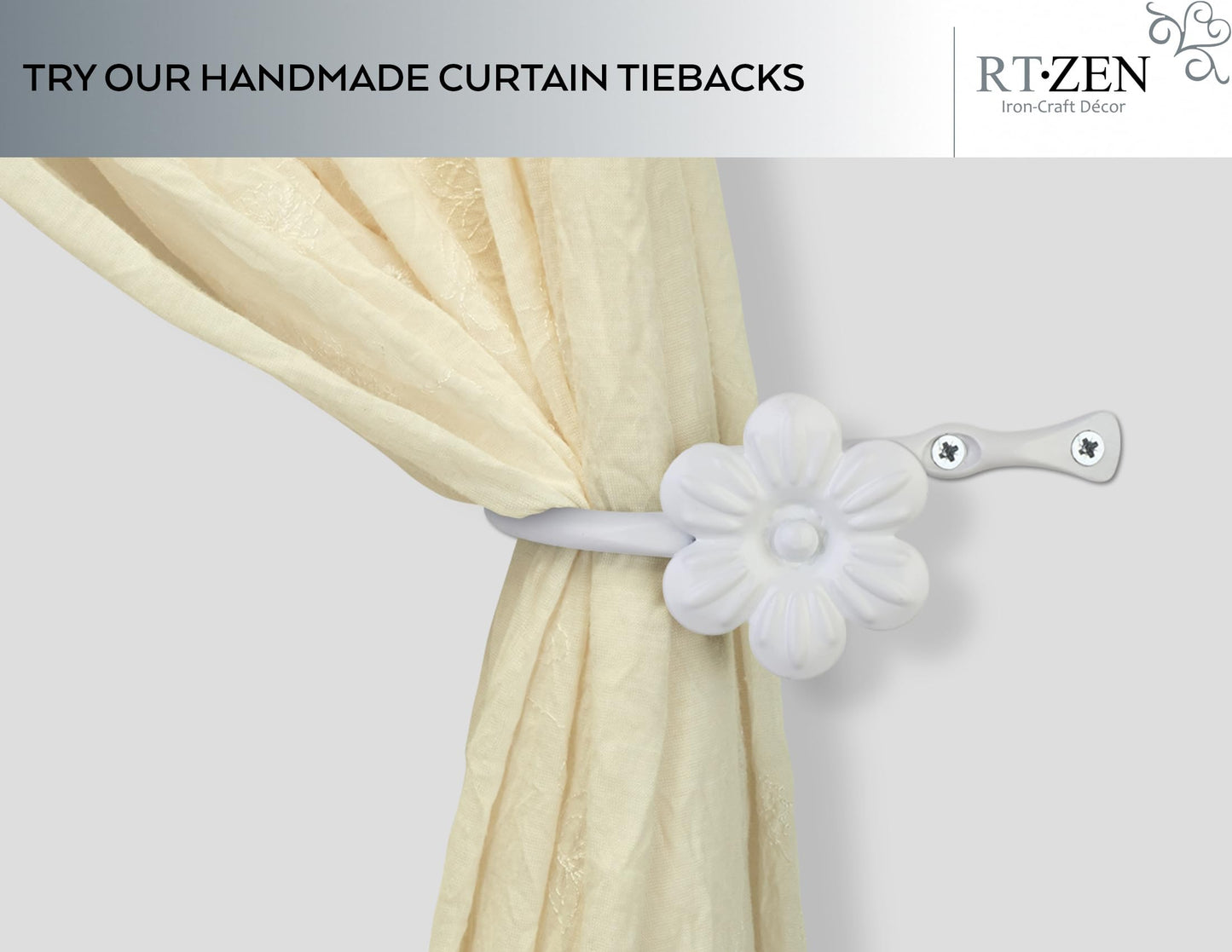 RTZEN Decorative Metal Curtain Tiebacks - Farmhouse Wrought Iron Curtain Holdbacks - Drapery Holders for Wall - Unique Metal Tie Backs for Curtains - 2 Pcs (White Flower)
