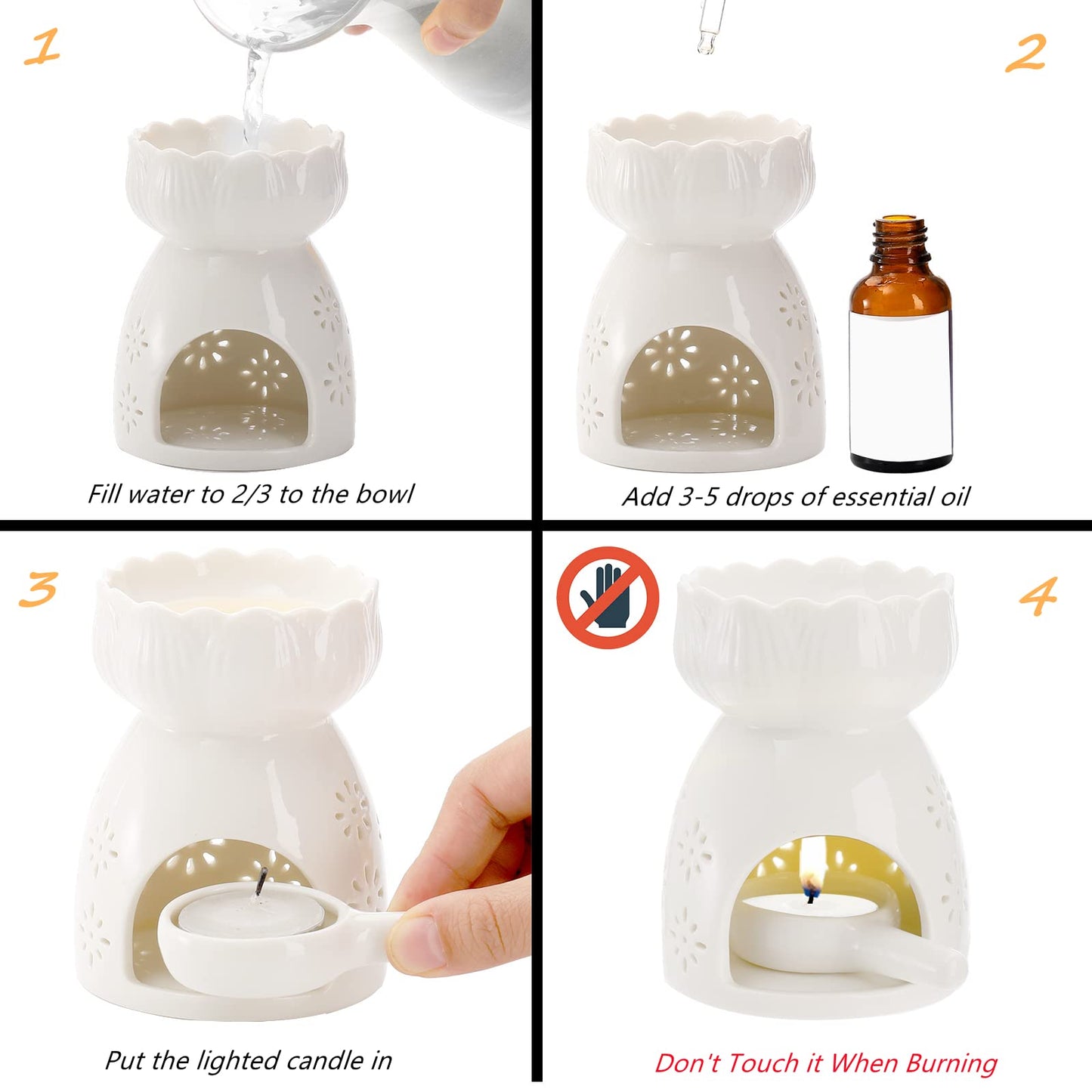 Lyellfe 3 Pack Ceramic Tealight Candle Holder, Essential Oil Burner with Spoon, White Carved Wax Warmer Aroma Diffuser Furnace for Birthday Valentines Home Decor