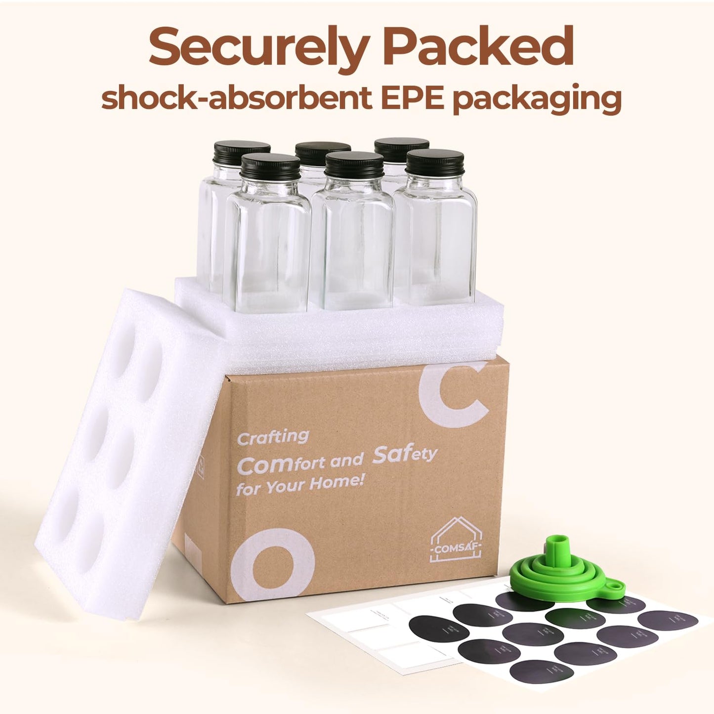ComSaf 6Pcs 4oz Glass Spice Jars with Shaker Lids, 21 Labels, Spice Jars Trial Set & Supplement Set, Empty Spice Containers and Square Spice Bottles for Kitchen and Seasoning