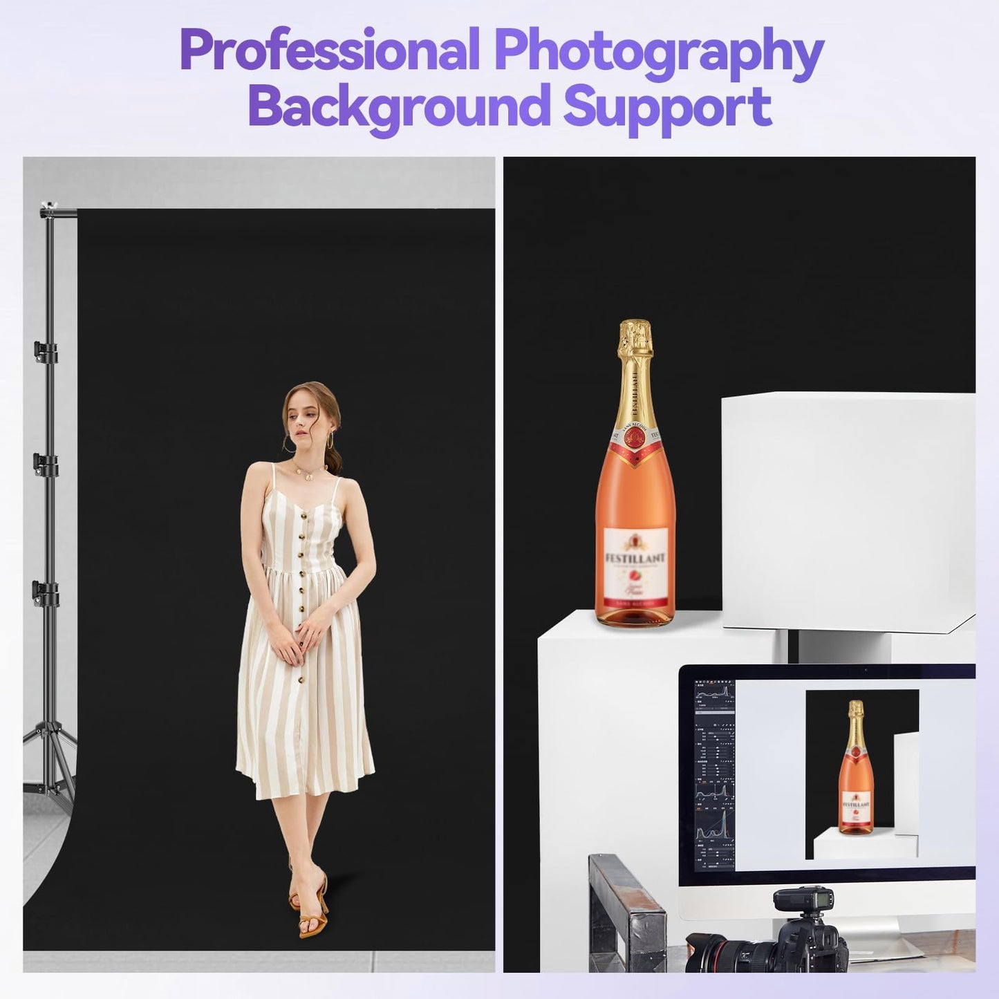 EMART 8.5 x 10 ft Adjustable Photo Backdrop Stand Kit with 12 x 10 ft Portable Black Backdrop, Background Holder Support System Kit for Photography, Party, Live Game, Interviews, YouTube, TIK Tok
