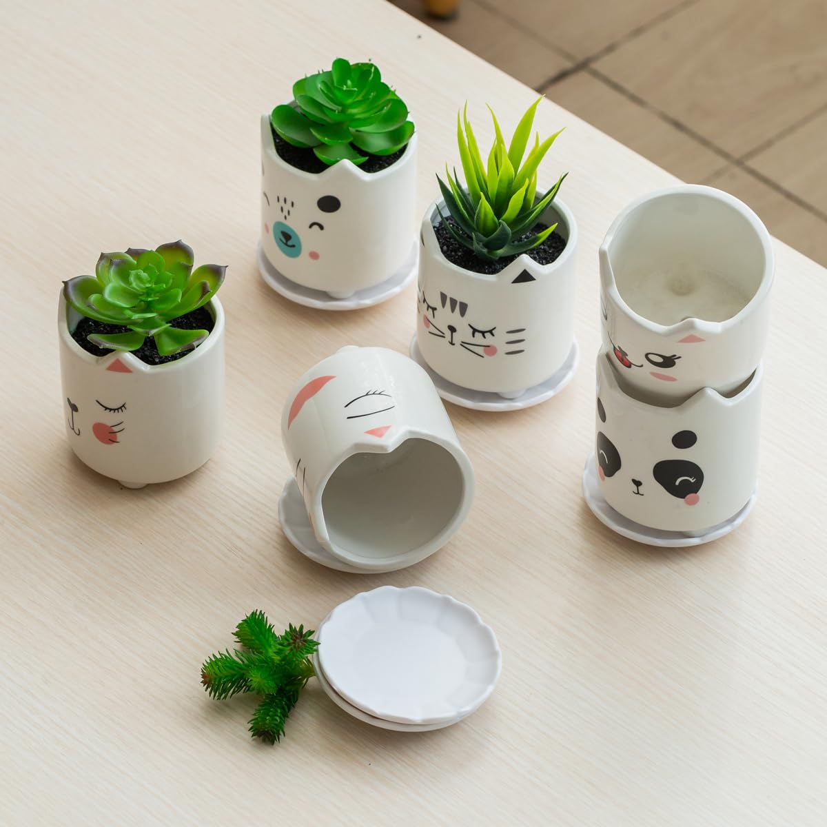 B SEPOR Set of 6 4.25inch Small Ceramic Animal Succulent Planter Porcelain Pots for Baby Succulant with Drainage and Bamboo Tray for Window Sill(Squatting Cats)