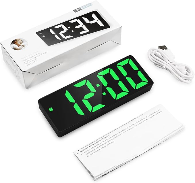AMIR Digital Alarm Clock Large Display, LED Alarm for Bedroom, USB/Battery Powered Bedside Clock with Snooze, 12/24H, 3 Adjustable Brightness, Temperature, Electric Desk Clock for Home, Office, Green