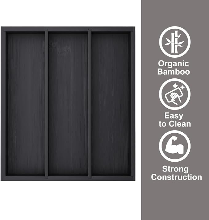 Fibogollo Silverware Organizer Bamboo Kitchen Drawer Organizer, Flatware Organizer Tray for Kitchen, Flatware, Utensils(Black)