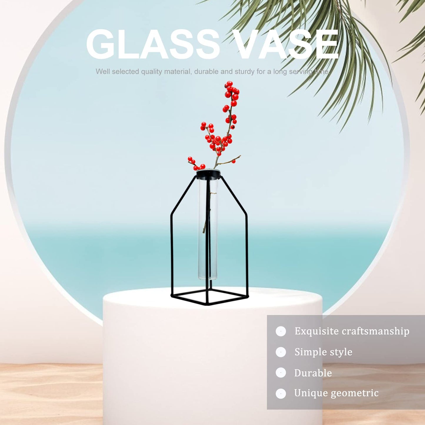 ULTNICE Hydroponic Glass Vase with Wrought Iron Frame 9.44X3.93X3.54In Office Plant Decor Modern Minimalist Planter Terrarium Container