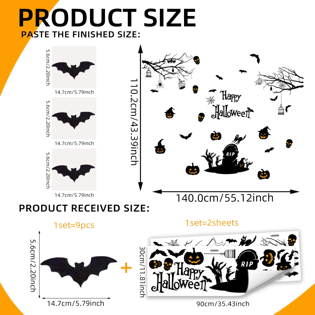 Happy Halloween Wall Decals DIY Black Tree Branches Bat Wall Stickers Funny Boo Pumpkin PVC Home Decal Self-Adhesive Festival Decoration for Holiday Home Party Classroom Office