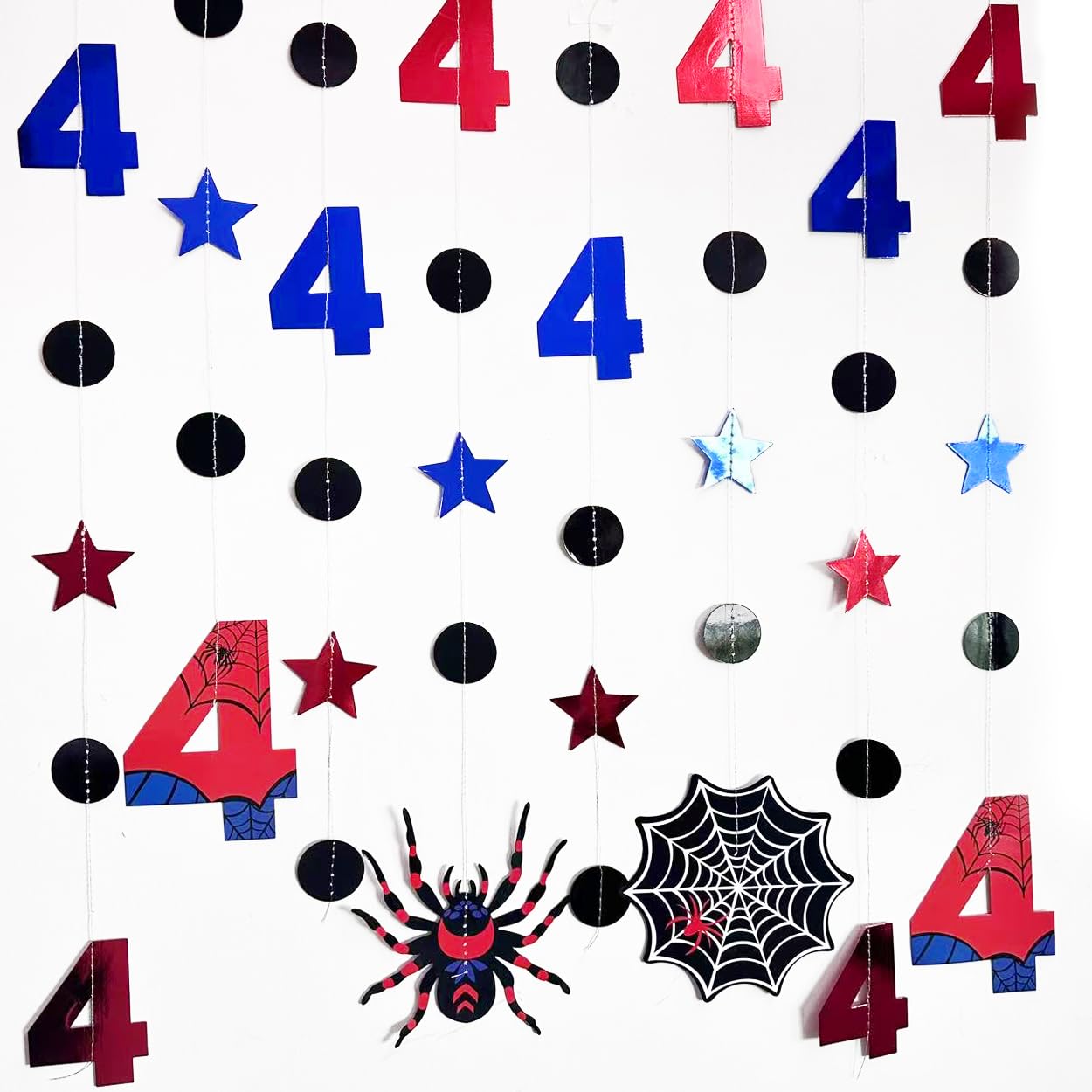 42Ft Spider 4th Birthday Party Decorations Red Blue Stars and Black Spider Web Garland Streamer for Kids Boys 4th Cartoon Spiders Birthday Super Heros Baby Shower Cartoon Bday Party Decor Supplies
