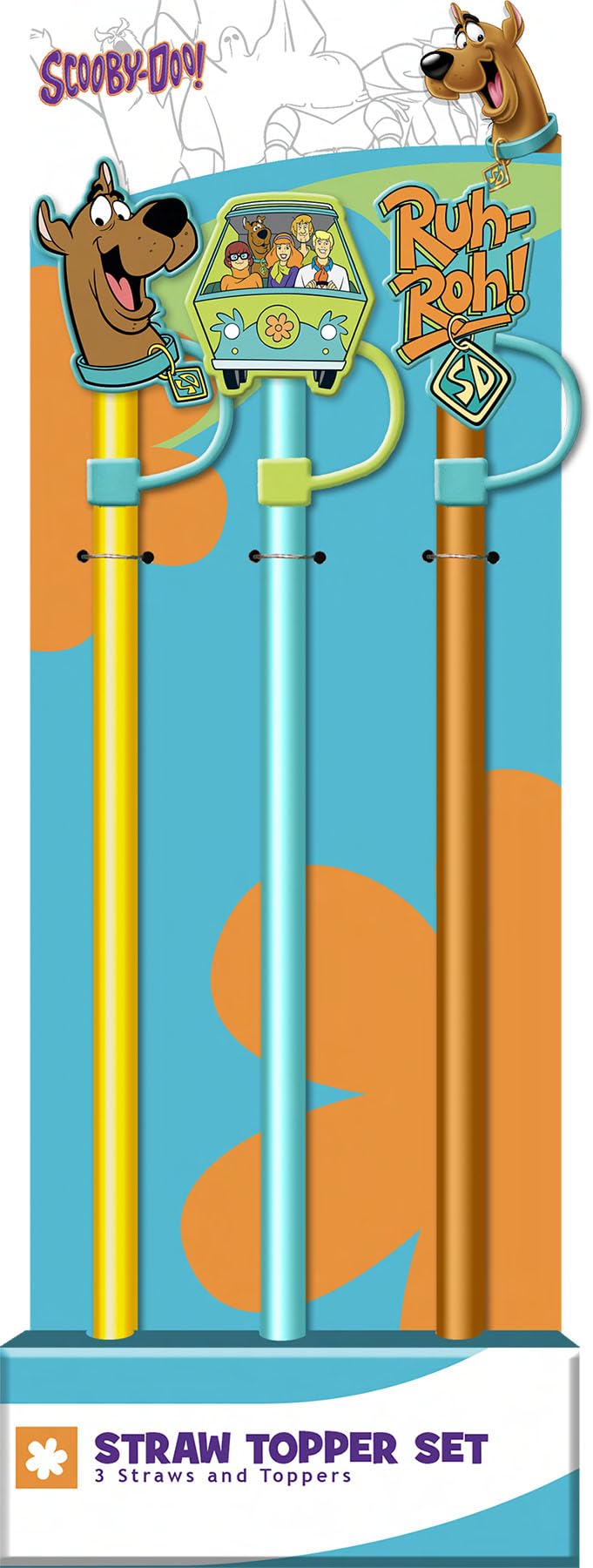 Spoontiques Scooby Doo Straw Topper Set, 3 Pack - 12.5”, BPA-Free Straws w/Silicone Charm Topper, Ideal for Water Bottles, Travel Mugs, Tumblers