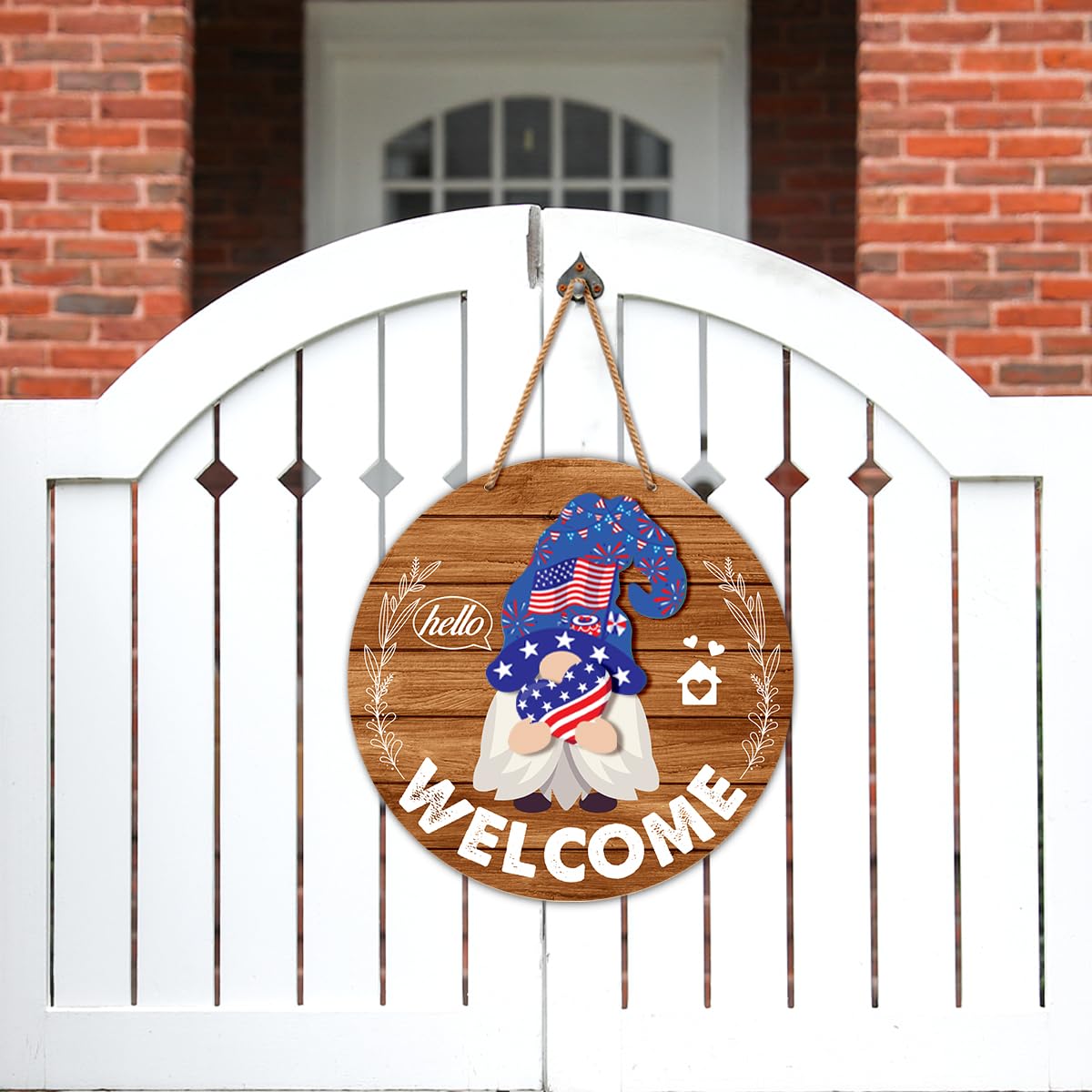 Interchangeable Gnome Welcome Sign Summer Patriotic 4th of July Porch Decor, Changeable Wooden Gnomes Front Door Decoration Wreath Hanger for Spring Fall Winter All Seasons Holiday, Red Brown