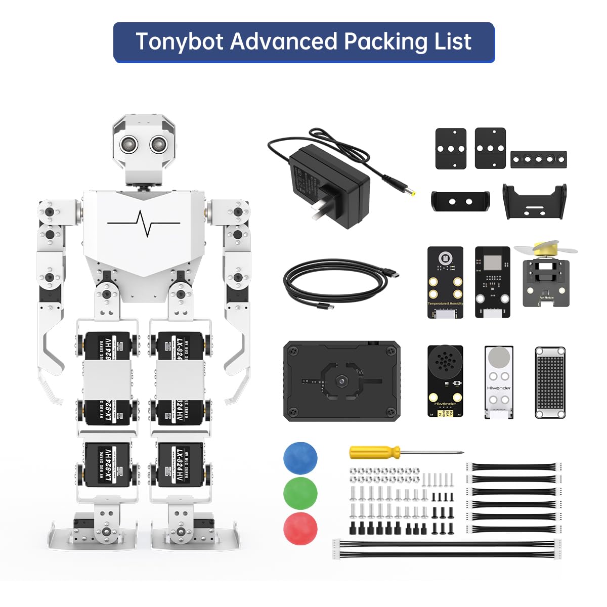 AI Vision & Voice Interaction Robot for Arduino Scratch Python Programming 17DOF Humanoid Robot Large AI Model STEM Project Education Voice Command Walking Dancing Self-Stand Up, Tonybot Advanced kit