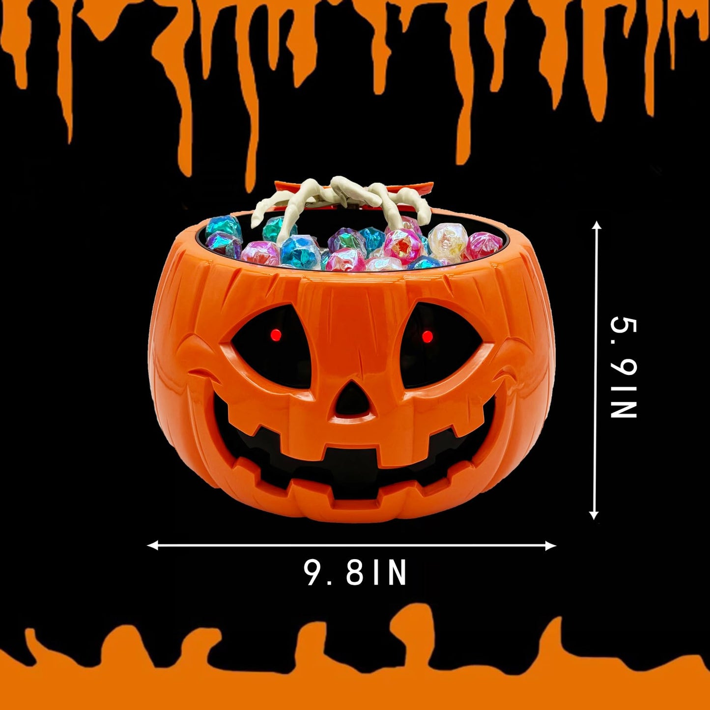 Animated Halloween Skull pumpkin Bowl trick or treat bucket talking large funny scary candy Bowl dispenser for porch hand grabber Candy treat plastic Dish with hand Creepy Moving supplies tray