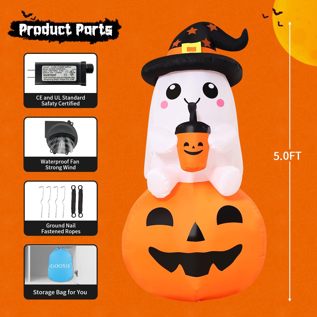 GOOSH 5 FT Halloween Inflatable Ghost Pumpkin Outdoor Decorations Blow Up Yard Ghost in Pumpkin with Built-in LEDs for Indoor Party Garden Lawn Decor