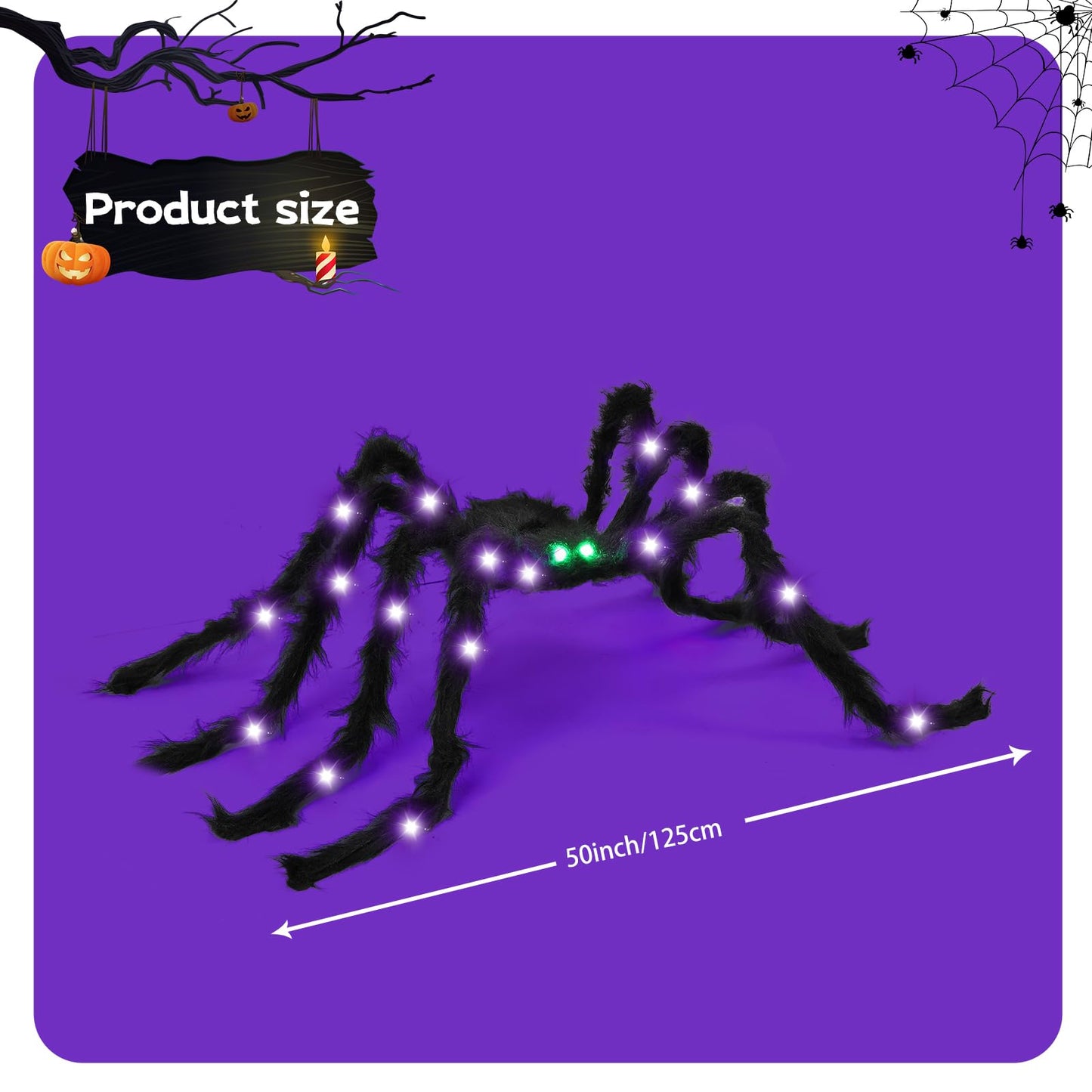 VOMAOK Halloween Spider Decorations 4ft Light Up Giant Spider(2 Pack) with Green Lighted Eyes for Indoor Outdoor Halloween Decorations Yard Party House Décor